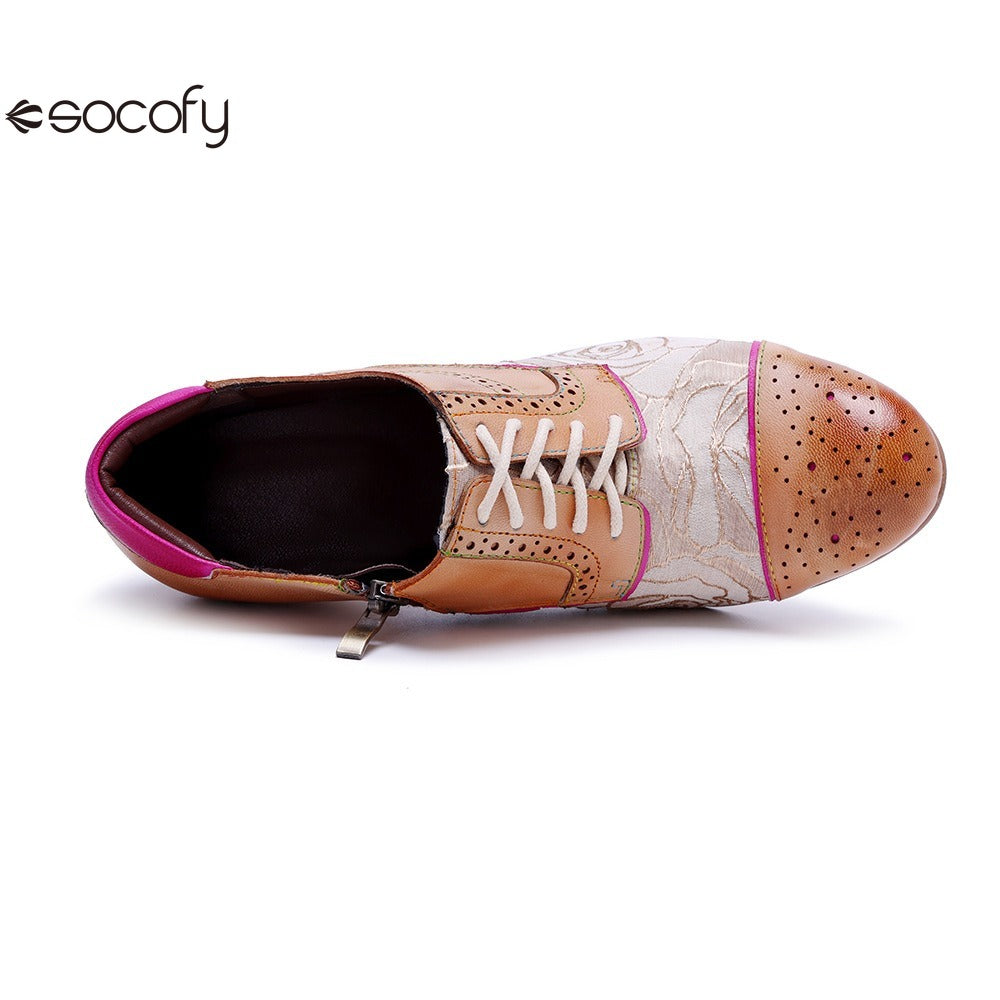 Socofy Genuine leather vintage splicing rose fashion lace-up high heels shoes