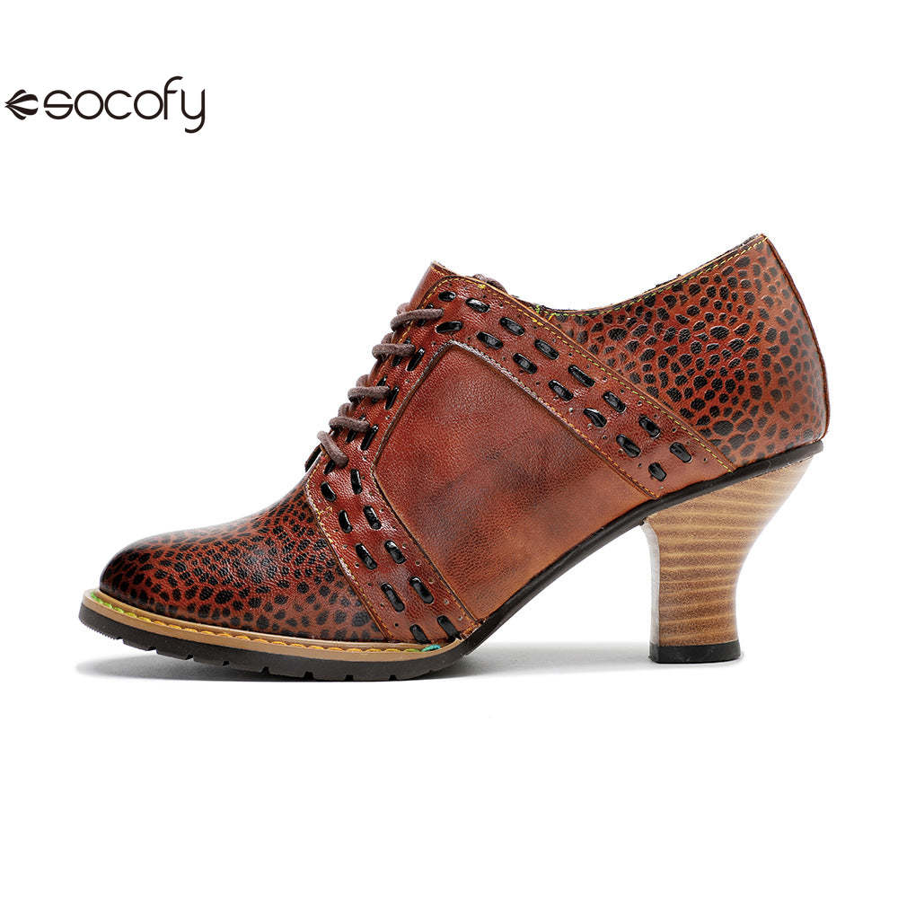 Socofy Leather Leopard Print Lace Up Women's High Heels