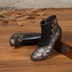 Socofy Leather Retro Flowers Fashionable Zipper Heel Boot