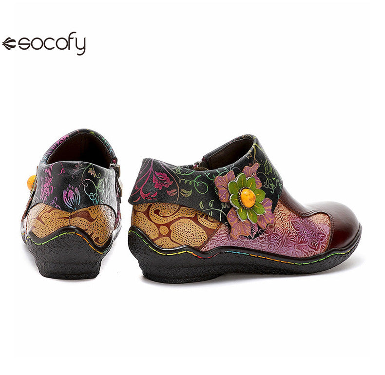 Socofy Vicconfy Ethnic Flower Leather Handmade Flat Shoes Low Heeled Single Shoes