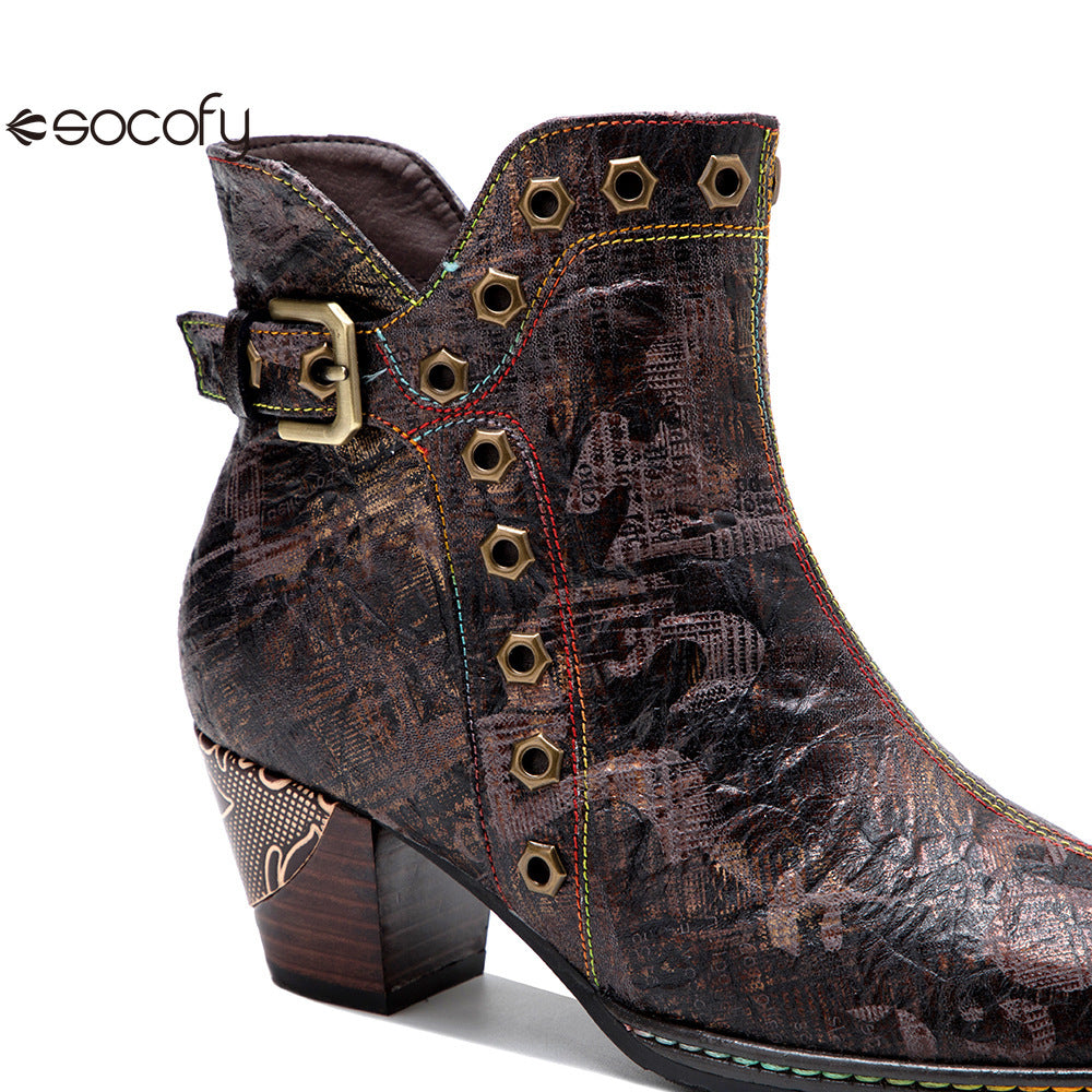 Socofy Vicconfy Genuine Leather Vintage Dark Gothic Women's Boots