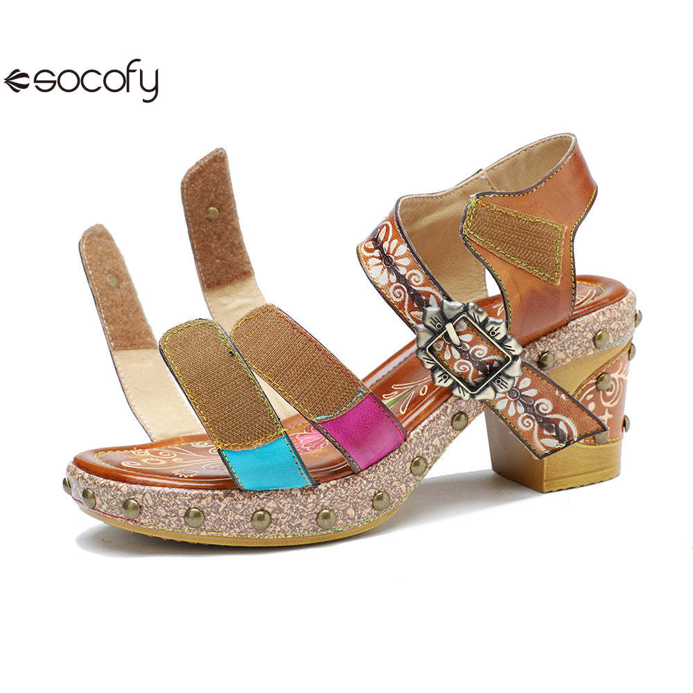 Socofy Summer Leather Retro Rivet Clash Colour High Heeled Sandals