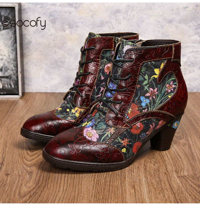 Socofy Vicconfy Vintage Floral Cowhide Ethnic Women's Leather Boots