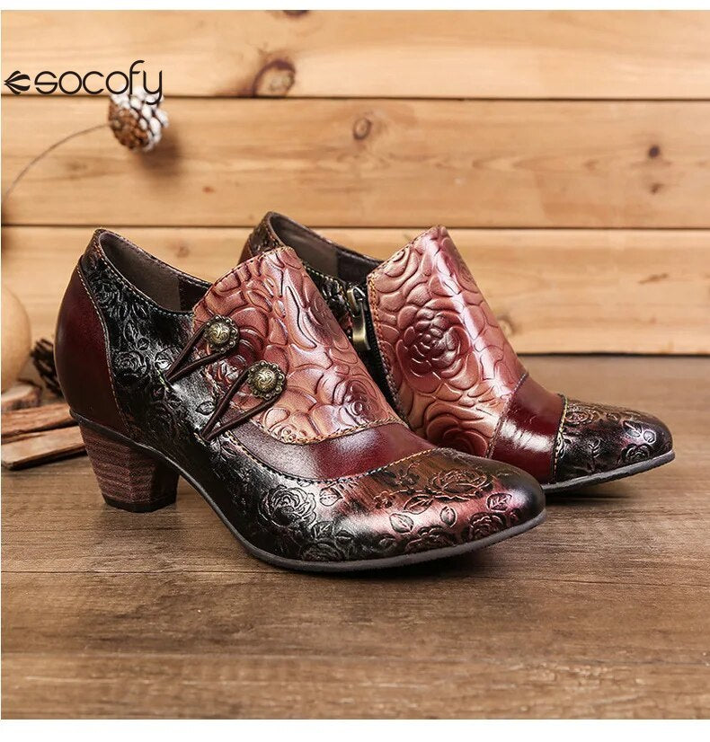 SOCOFY Genuine Leather Ethnic Style Pumps