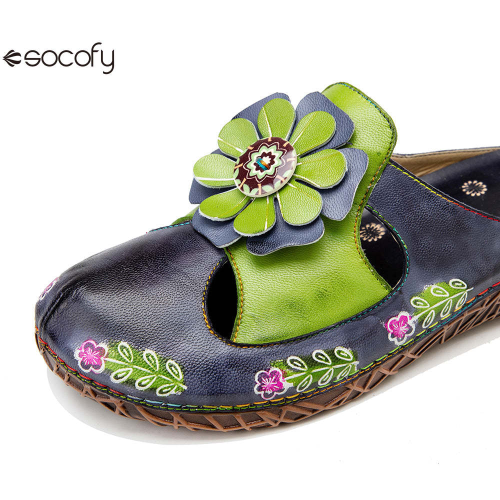 Socofy Flat Flower Daily Home Casual Back Heel Half Slippers Women