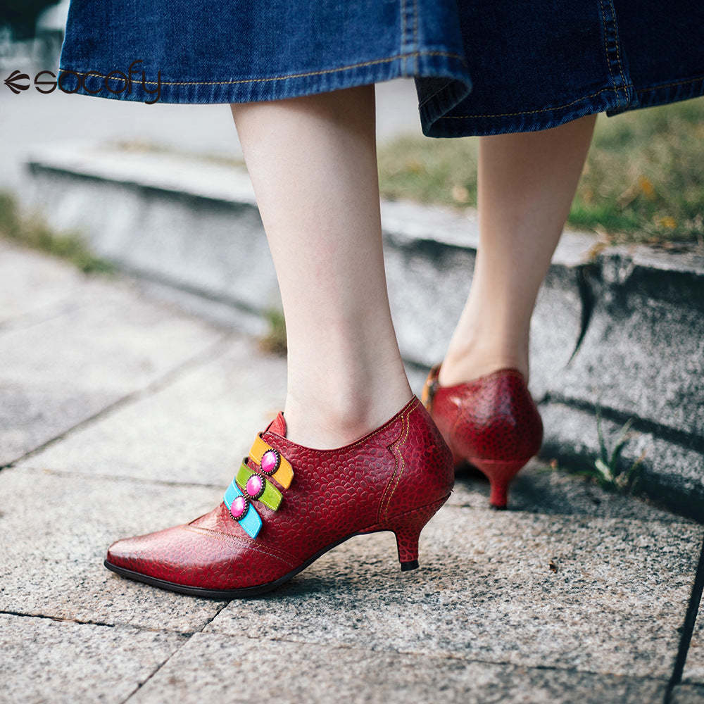 Socofy Red Leather Vintage Buckle High Heels Women's Shoes