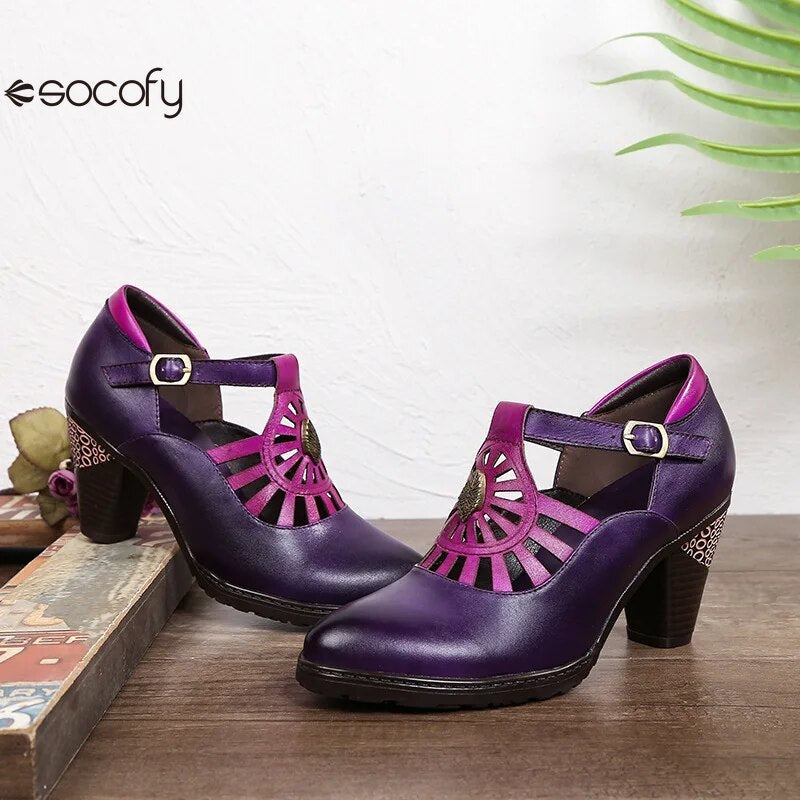 Socofy Retro Genuine Leather Buckle Strap Toe Square Heels