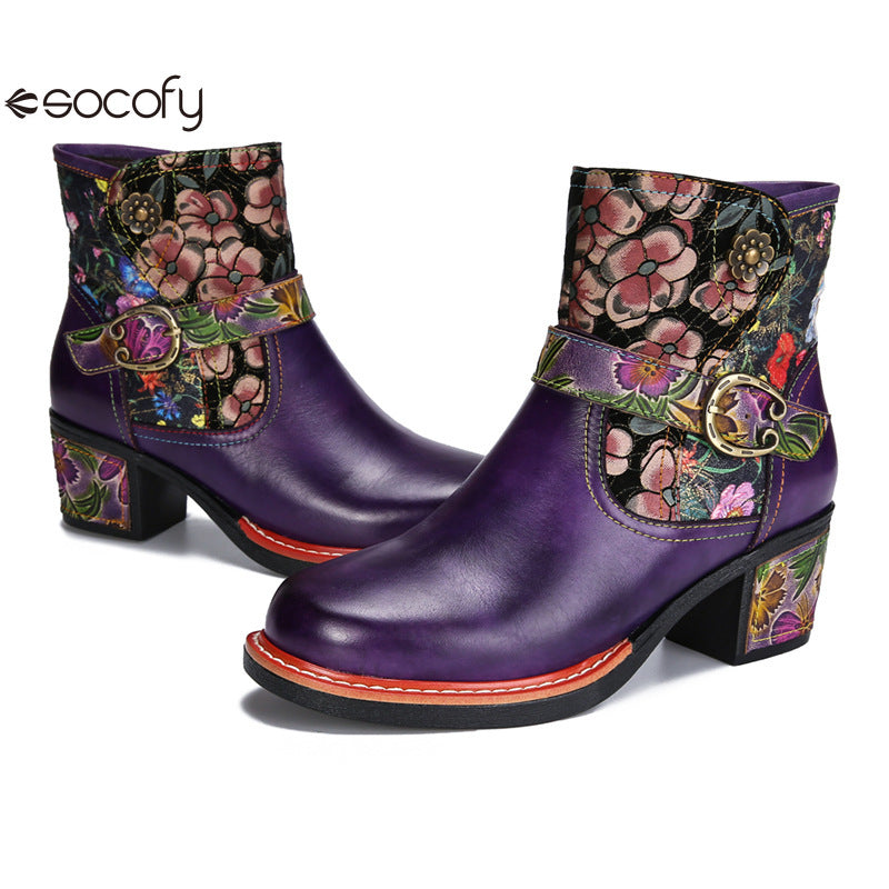 Socofy Vicconfy Genuine Leather Cubic Embossed Romantic Vintage Floral Heeled Ankle Boots