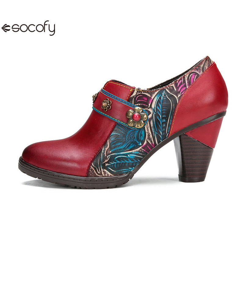 Socofy Vicconfy Genuine Leather Flower Buckle Side Zipper Pumps