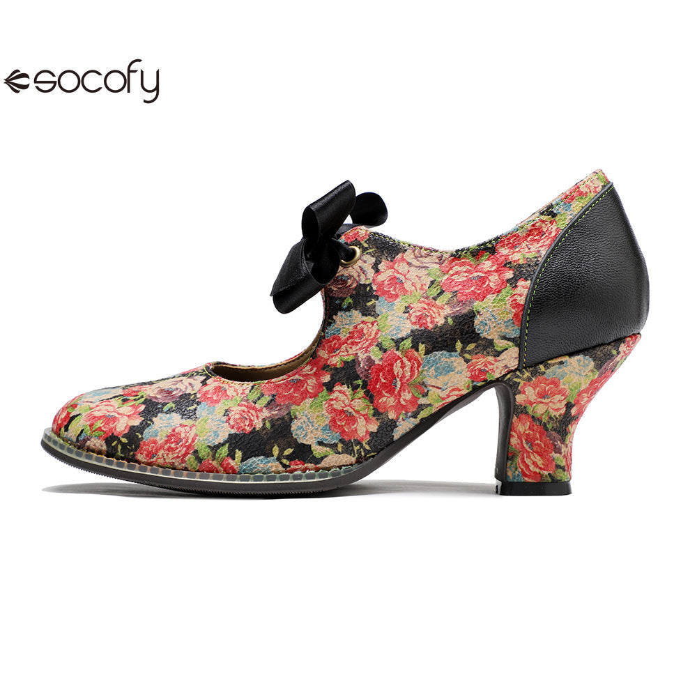 Socofy Vintage Rustic Broken Flower Strappy Bow High Heels