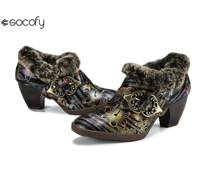 Socofy Vicconfy Genuine Leather Vintage Genuine Wool Patchwork Vintage Illusion Pumps