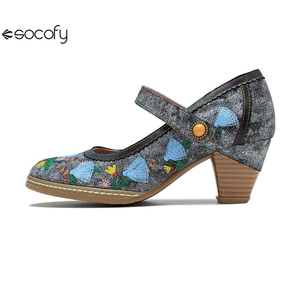 Socofy Spring and summer new retro embroidery Mary Jane thick heeled comfortable high heels