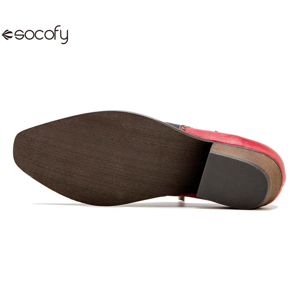 Socofy Genuine Leather Retro Round Rivet Deco Shallow Flat Shoes