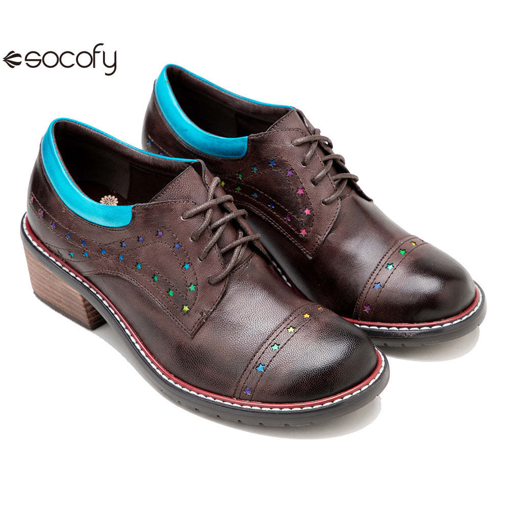 Socofy Leather Star Deco Lace Up Chunky Heel Single Shoes