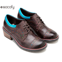 Socofy Leather Star Deco Lace Up Chunky Heel Single Shoes