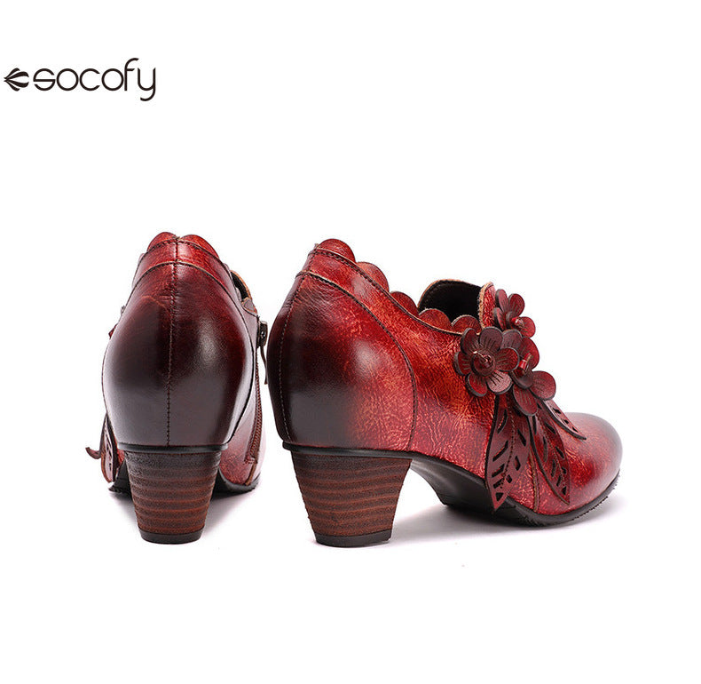 Socofy Genuine Leather Handmade Vintage Fashion Side Zipper High Heels Women's Shoes