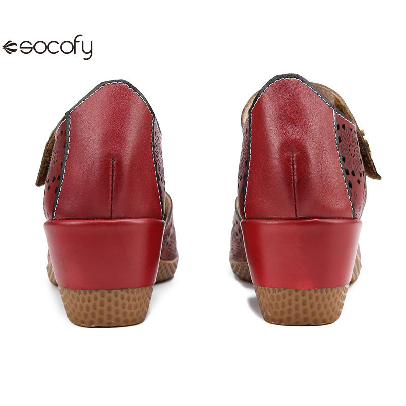 Socofy Genuine leather romantic three-dimensional flowers hollowed out sandals