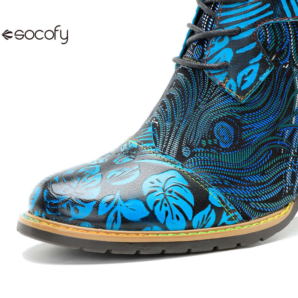 Socofy Autumn and Winter Printed Retro Lace-up Short Heel Women's Boots