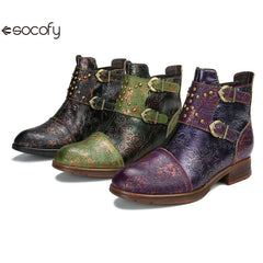 Socofy Vicconfy Genuine Leather Ethnic Vintage Rivet Belt Buckle Boots