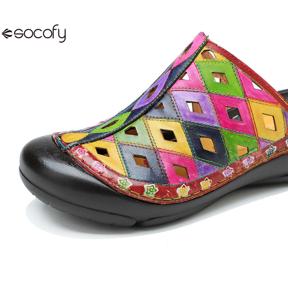 Socofy Genuine leather hand-rubbed casual retro colorful hollow comfortable flat slippers