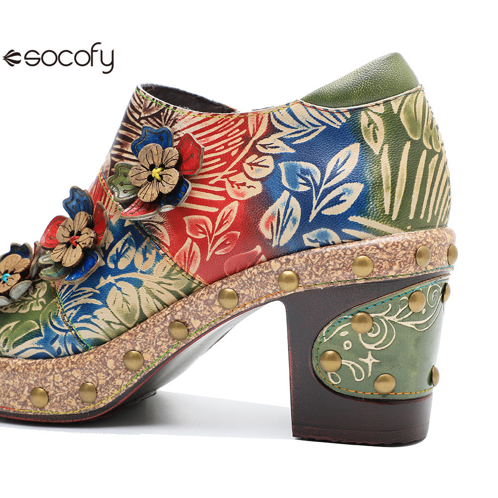 Socofy Genuine Leather Vintage Floral Dimensional Flower Comfortable Pumps