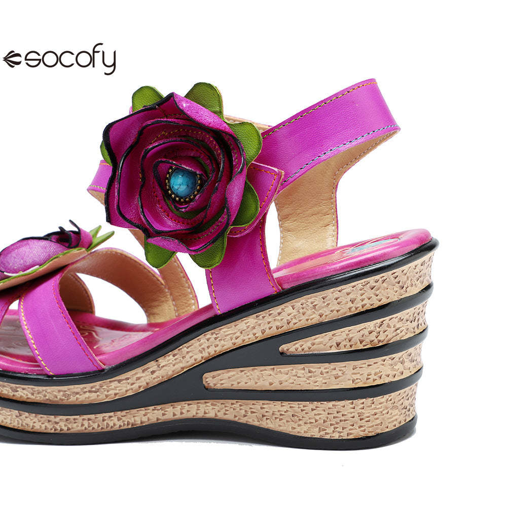 Socofy summer leather three-dimensional flowers comfortable sloping sandals