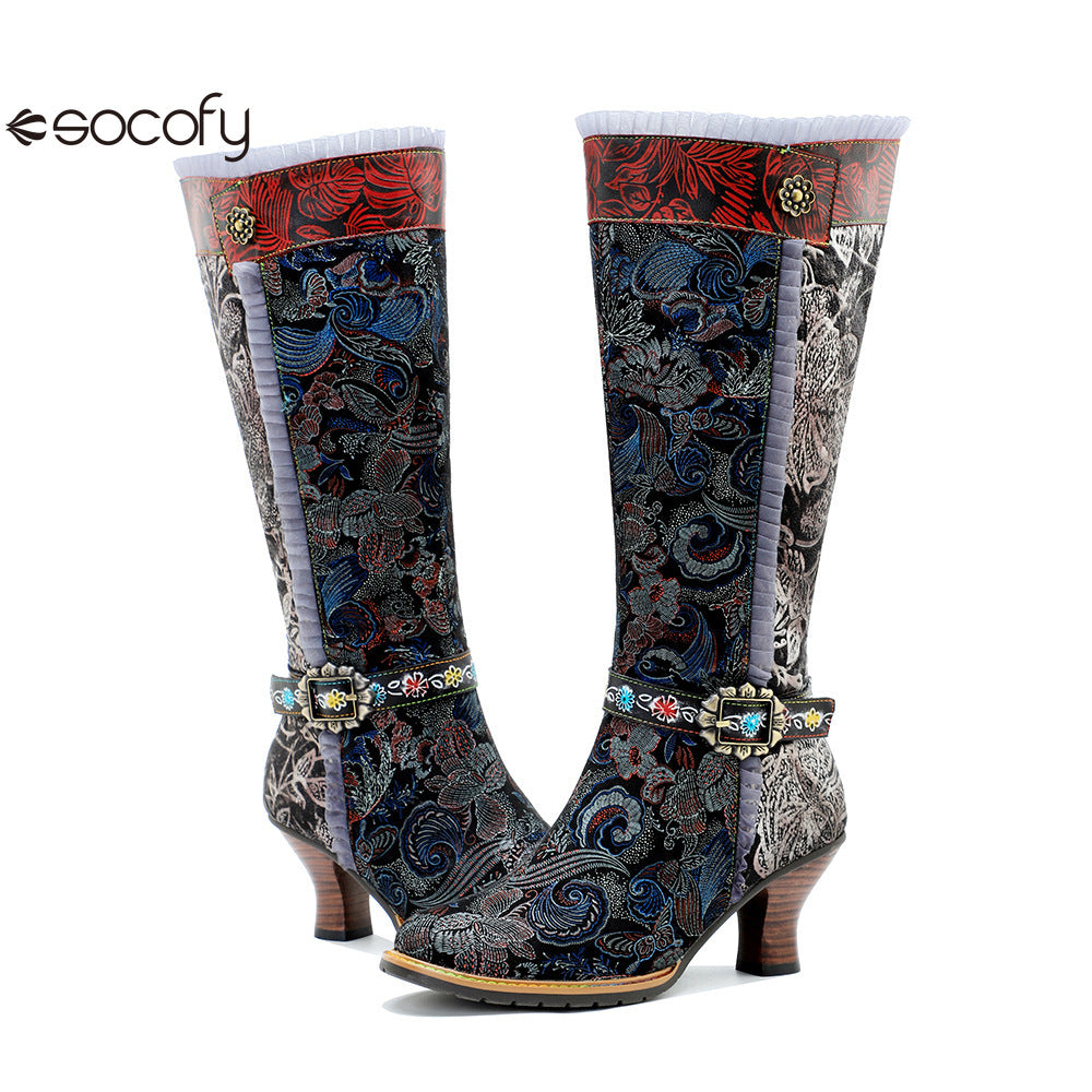 Socofy Genuine Leather Vintage Boots Warm Lace Side Heeled Boots