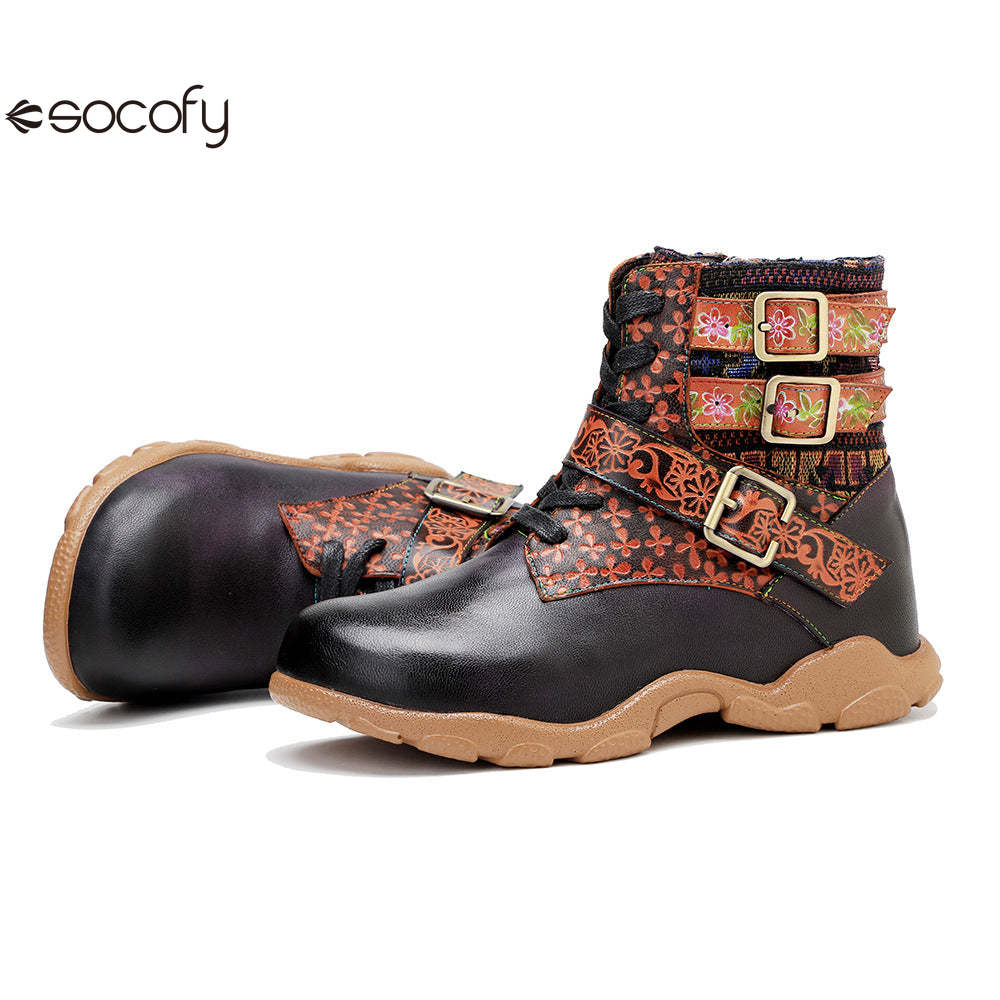 Socofy Vicconfy Leather Handmade Color Rubbed Printed Belt Buckle Flat Women's Boots