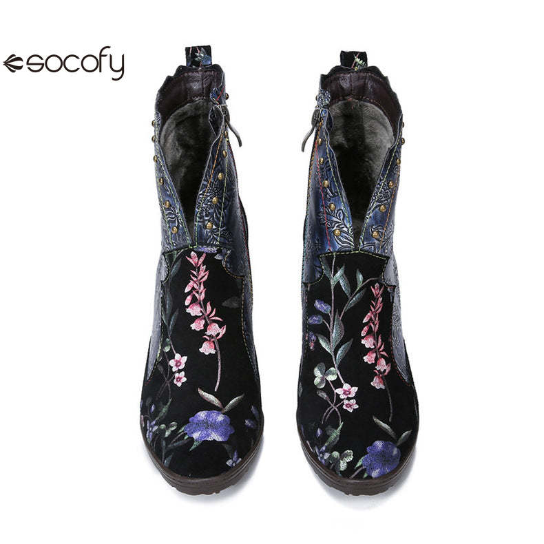 Socofy Vicconfy Vintage Genuine Leather Boots Floral Women's Boots