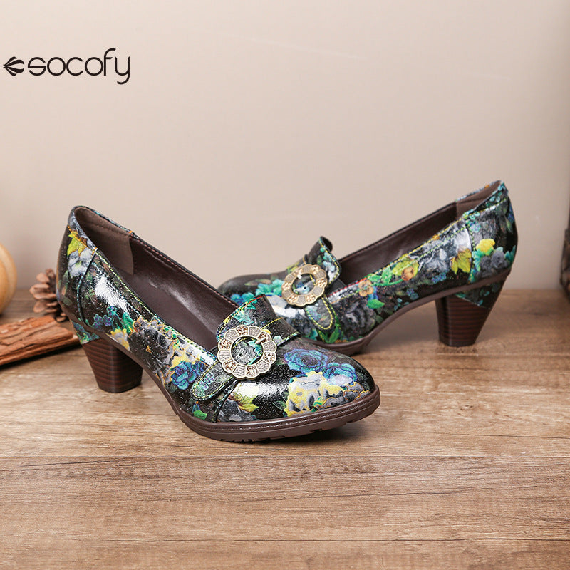 Socofy Vicconfy Round Toe Cowhide Leather Fashion Single Shoes Vintage Flower Heels Women's Shoes