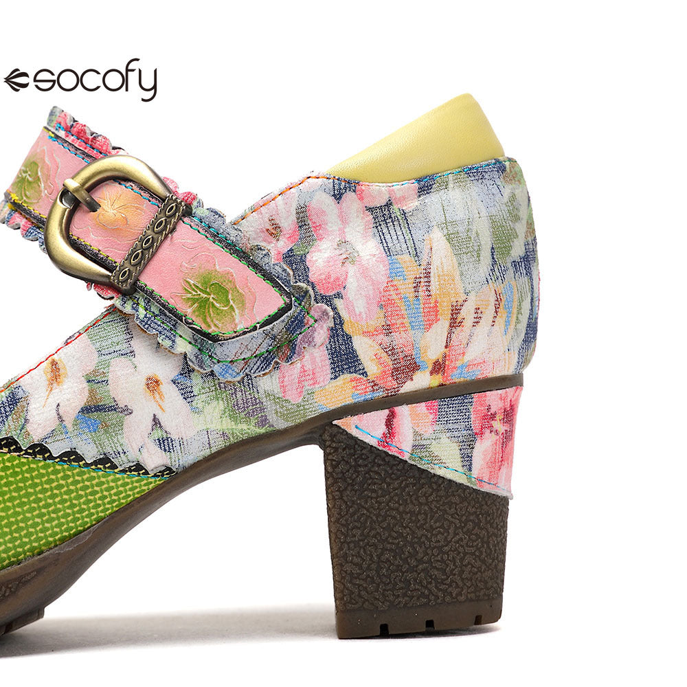 Socofy Vicconfy Floral Leather Women's Mary Jane Heel