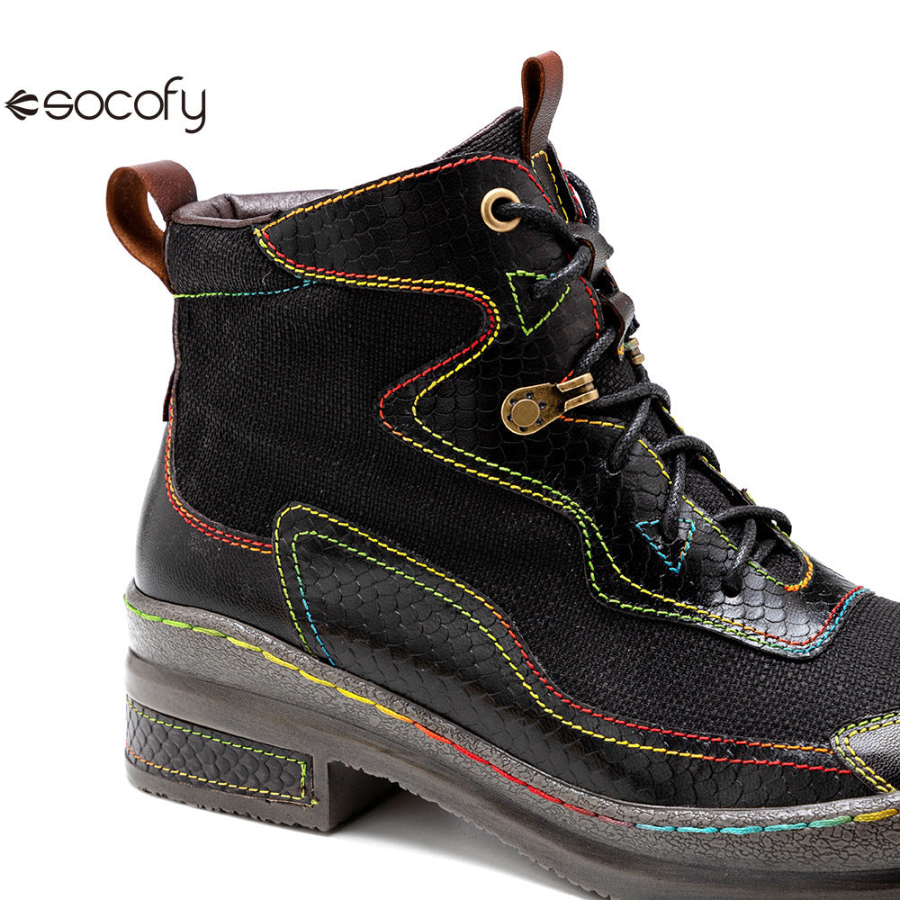 Socofy Vicconfy Leather Double Colored Thread Stitching Ankle Boots