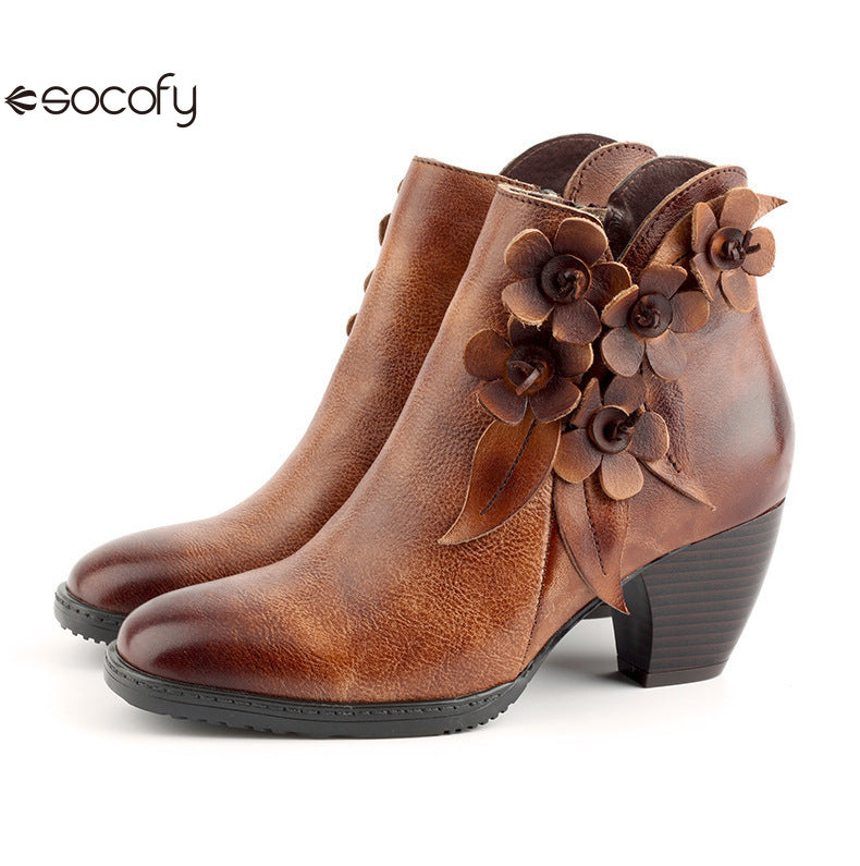 Socofy Genuine Leather Handmade Square Toe Vintage Handmade Flower Boots Woman