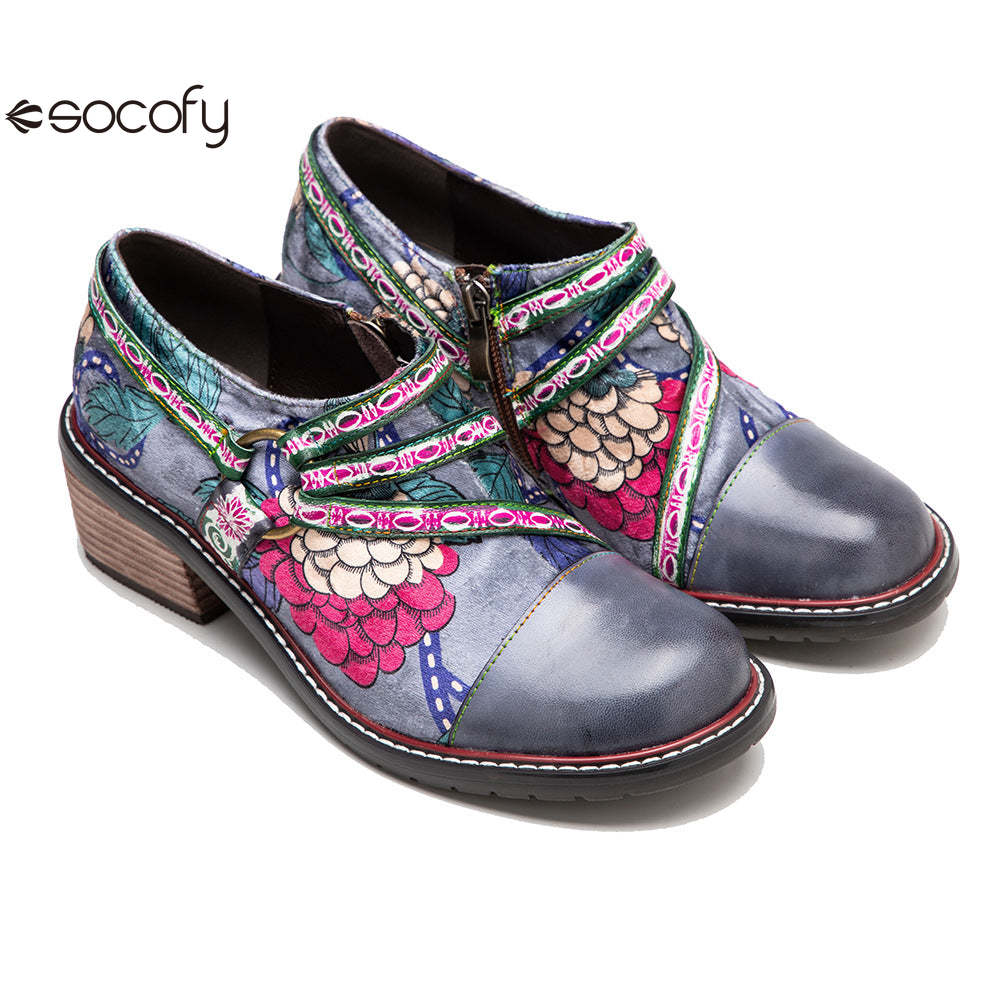 Socofy Leather Patchwork Vintage Graffiti Oxfords Brogues