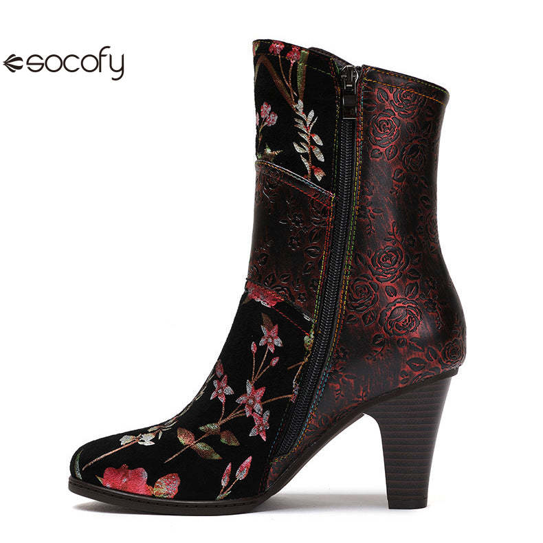 Socofy Vicconfy Court Leather Vintage Handmade High Heel Women's Boots