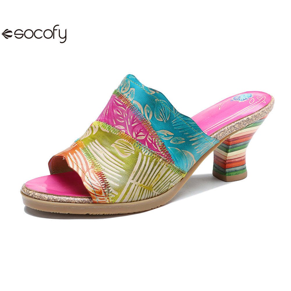 Socofy Summer Leather Vintage Colour Block High Heeled Sandals