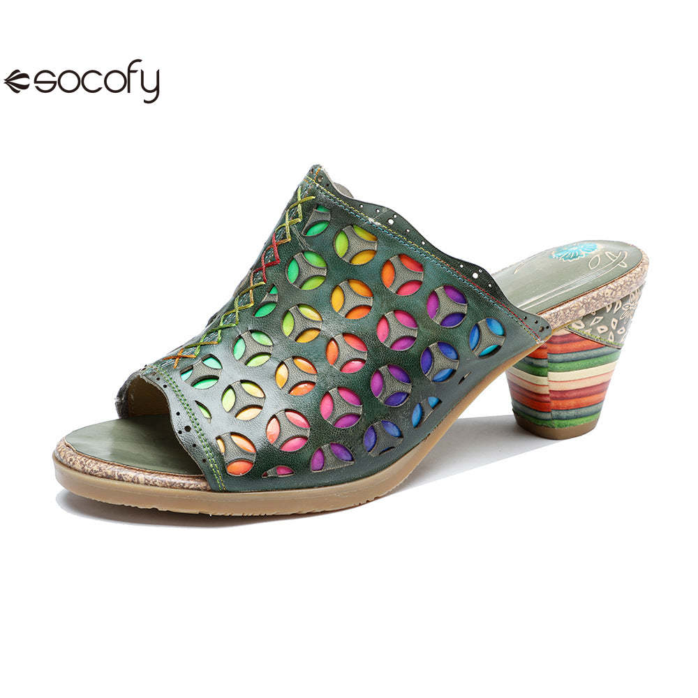 Socofy summer leather rubbed retro colourful hollow out high heel sandals