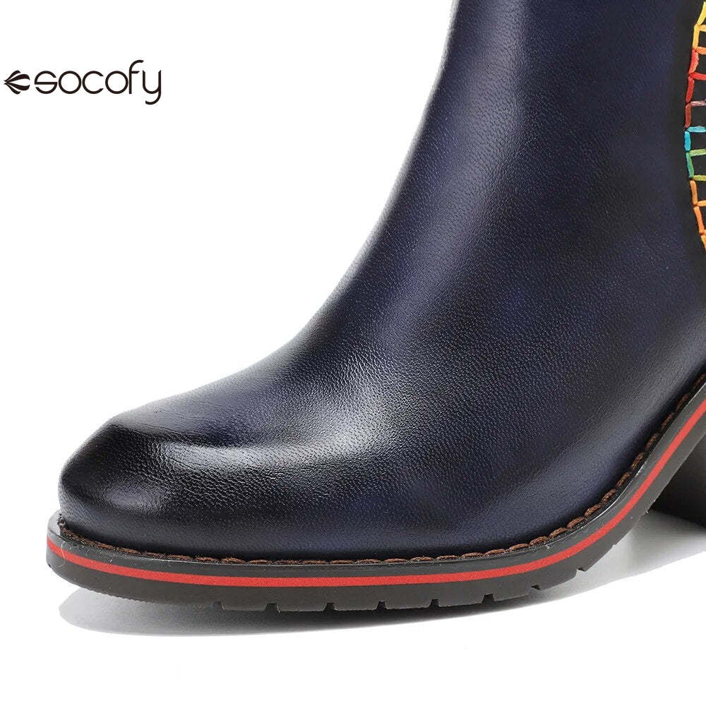 SOCOFY Genuine Leather Winter New Round Toe Patchwork Handmade Ankle Boots