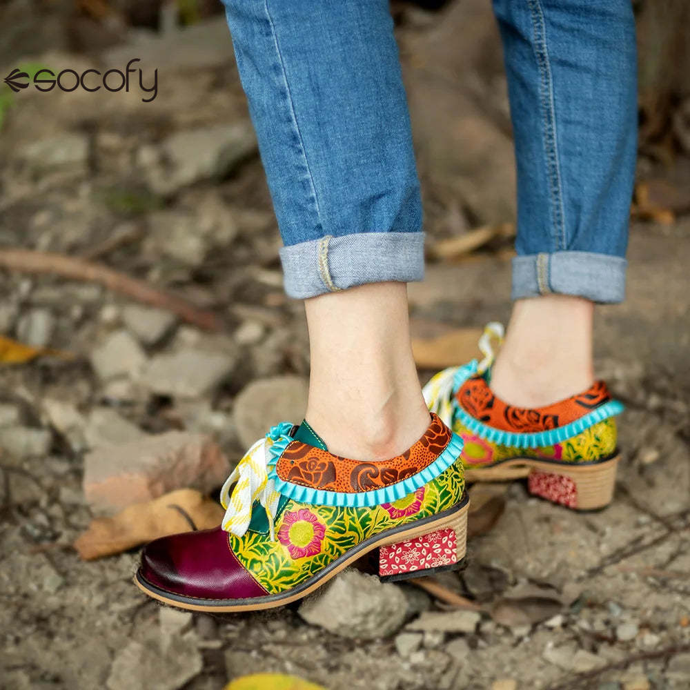 Socofy Genuine Leather Lace-up Oxford Vintage Women Retro Bohemian Flats Shoes