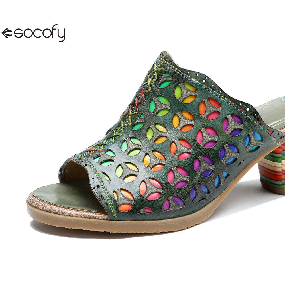 Socofy summer leather rubbed retro colourful hollow out high heel sandals