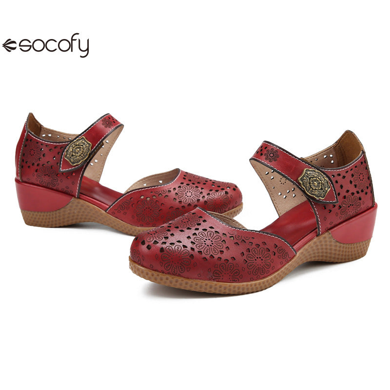 Socofy Genuine leather romantic three-dimensional flowers hollowed out sandals