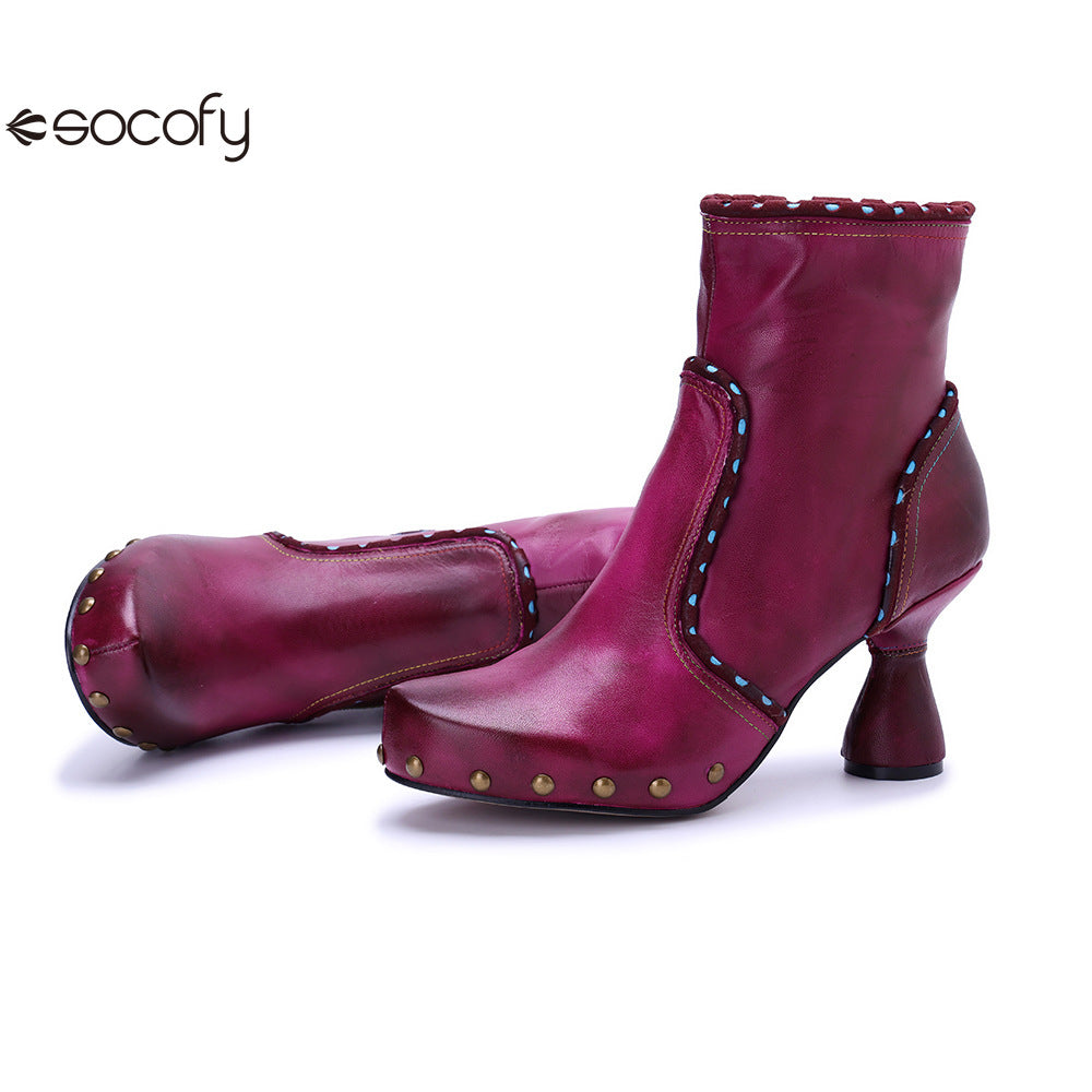 Socofy Vicconfy Handmade Leather Chic Color Ankle Boots