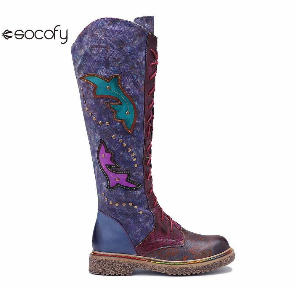 Socofy Vicconfy Locomotive Texture Dark Flower Women's Boots Flat Women's Boots