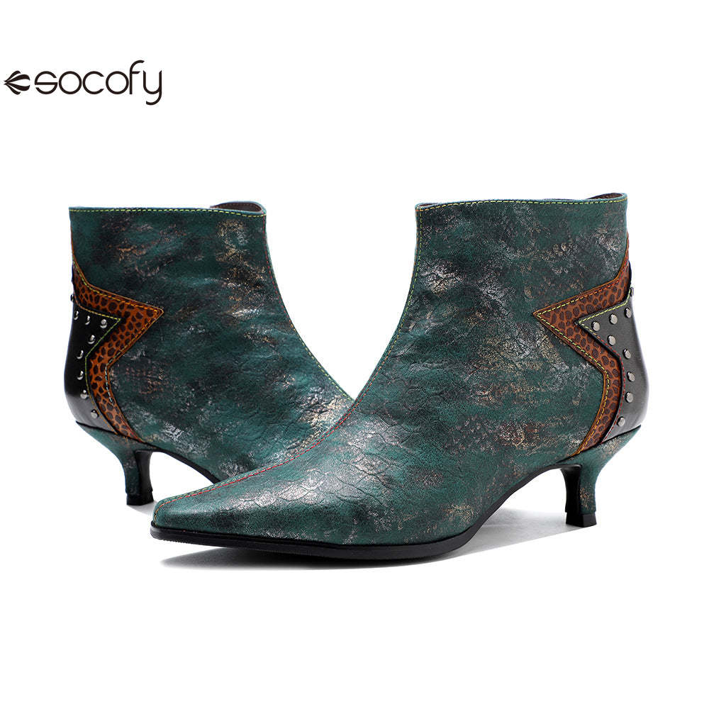 Socofy French Retro Metallic Dark Studded Studded Wrap Heel Design Slim Heel Women's Boots