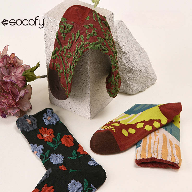 Socofy Vintage Style Mid-Calf Cotton Warm Socks 3 pairs