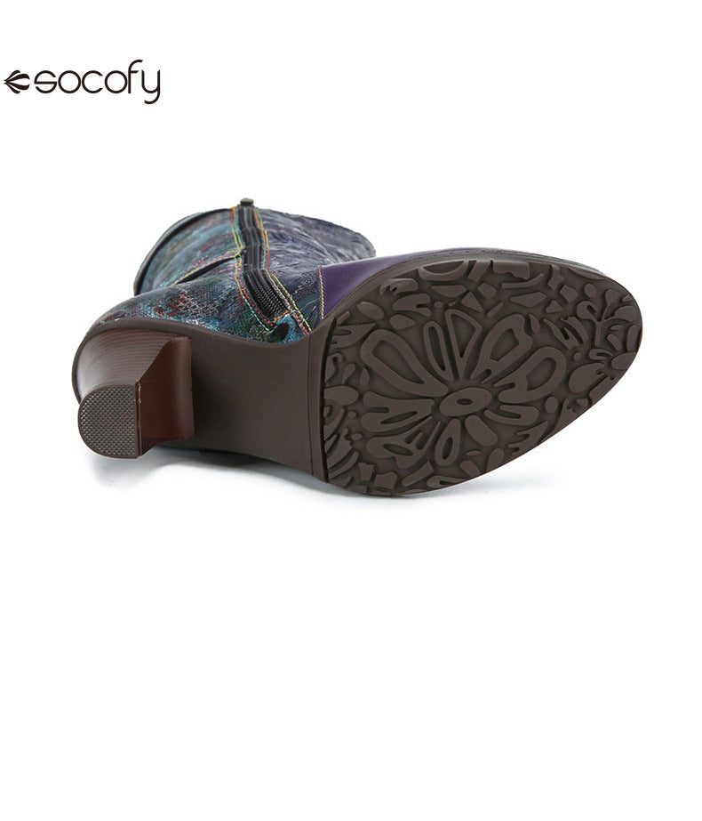 Socofy Vicconfy Genuine Leather Printed Belt Buckle Ethnic Long Boots