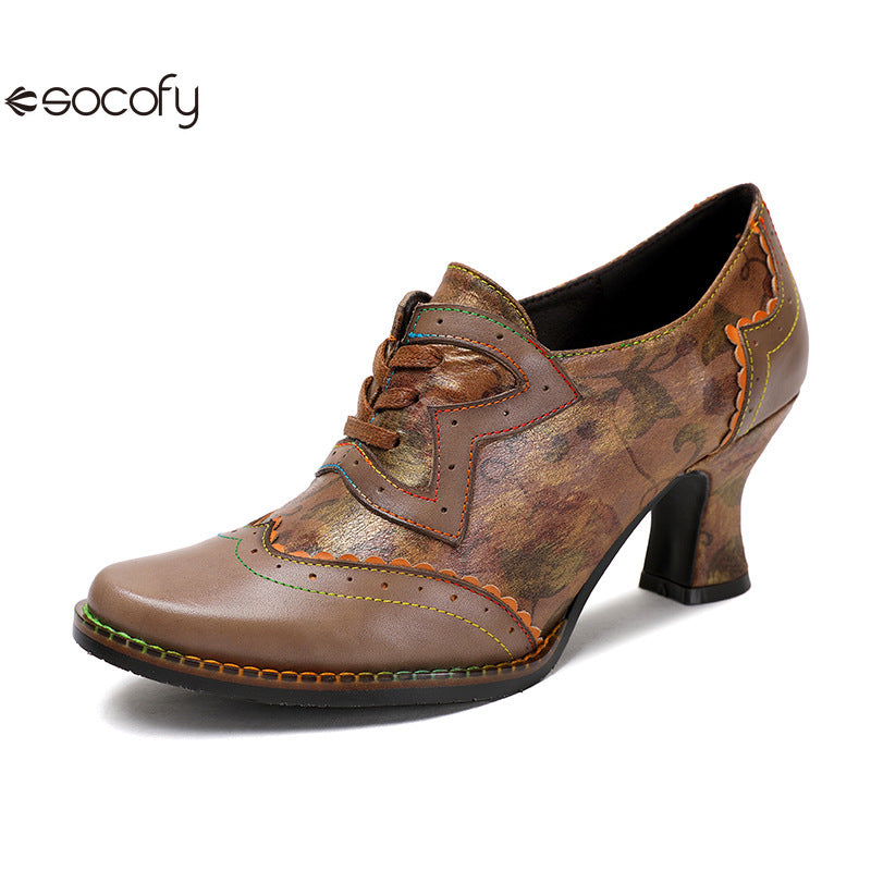 Socofy Vicconfy Genuine Leather Ethnic Brown High Heels