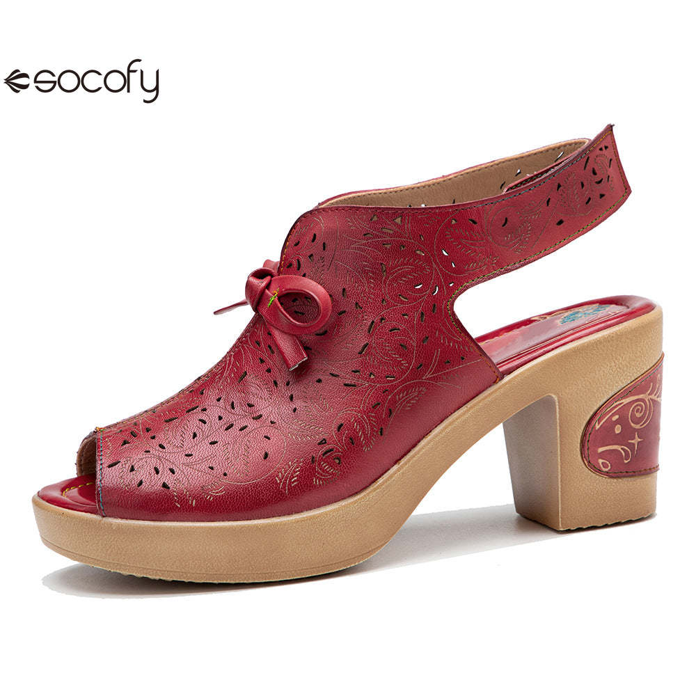 Socofy Summer Leather Retro Hollow Out High Heel Sandals