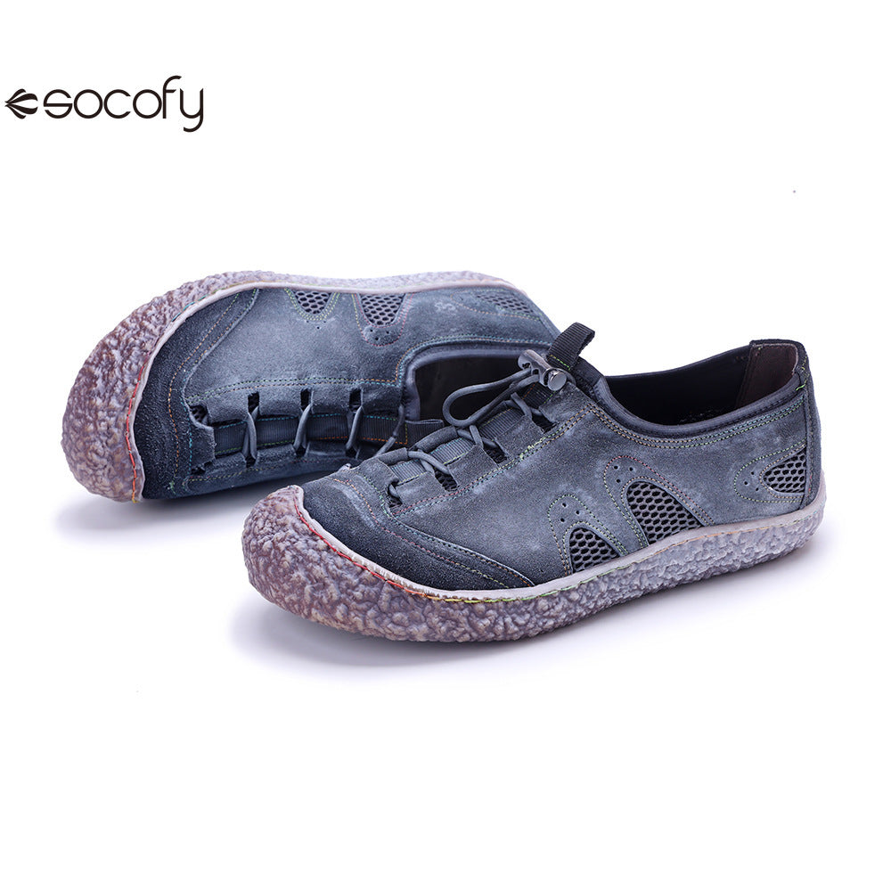 Socofy Vicconfy Genuine Leather Vintage Scuffed Comfort Breathable Mesh Loafers