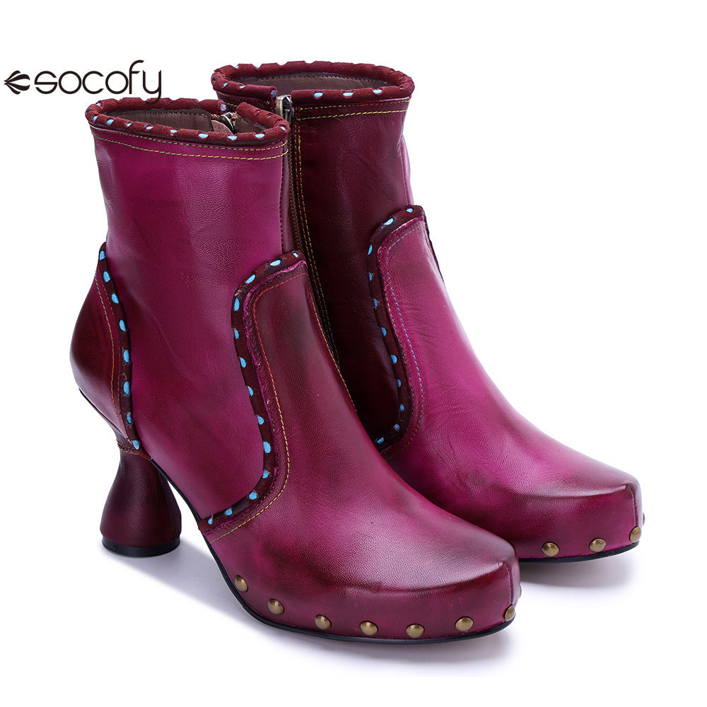 Socofy Vicconfy Handmade Leather Chic Color Ankle Boots